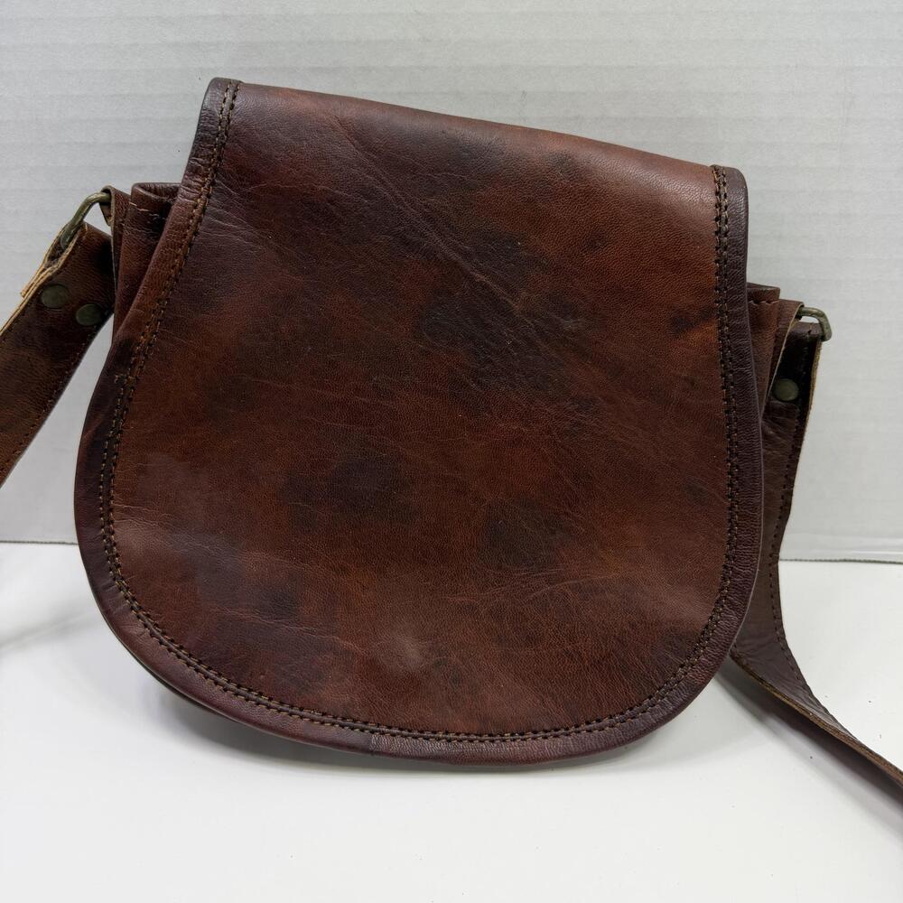Vintage Leather Saddle Bag Womens Small Brown Crossbody Purse Green Lining